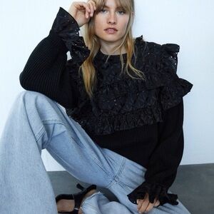 ZARA Black Lace Crochet bohemian black knitted sweater (Size S)